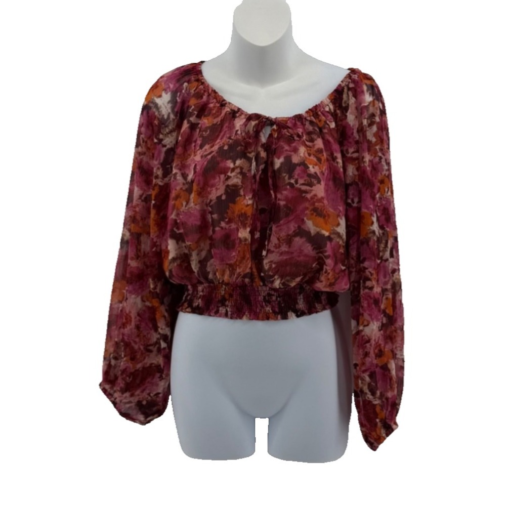 1 State Floral Crop Blouse Small Sheer Boho Peasant Smocked Waist Top
